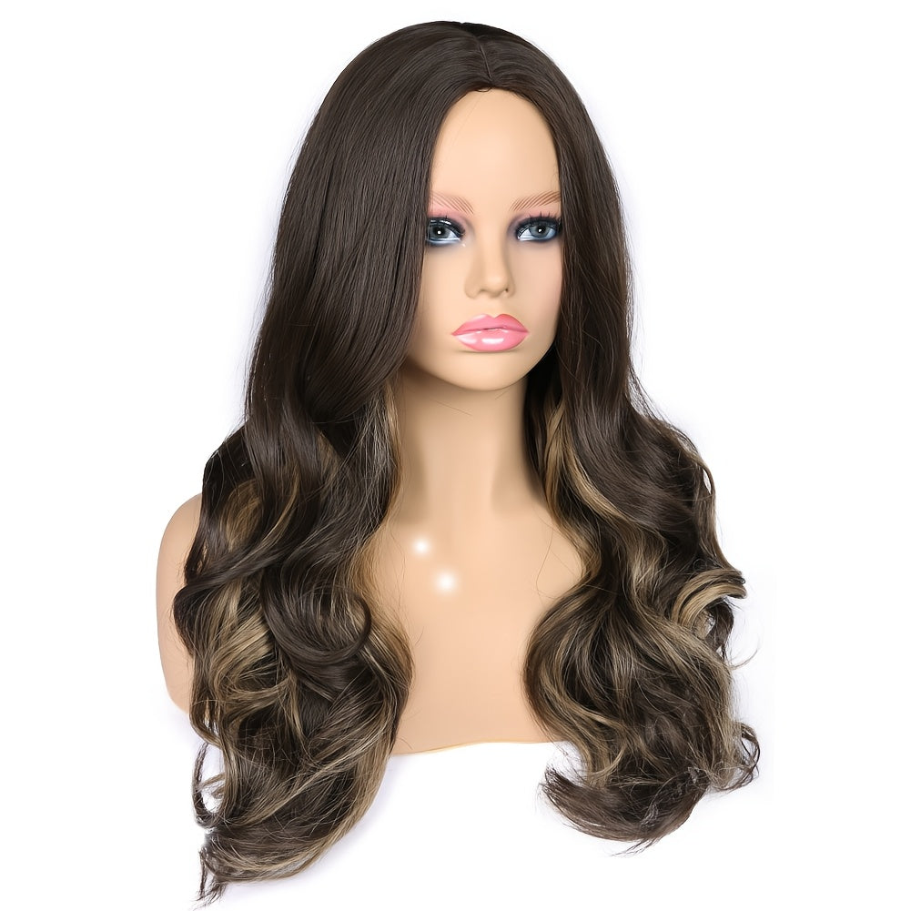 A Long, Wavy Wig with Highlights in Brown, Featuring Fluffy, Large Curls. This Heat-Resistant Synthetic Wig Is Glueless And Comes with Bangs, Perfect for Cosplay Or Everyday Wear