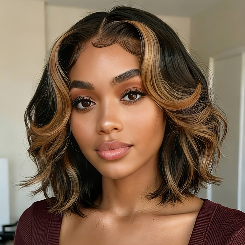 Short Bob Wave Wig | Highlight Brown, Synthetic, 4*1 Small Lace Wig, Middle Part, Daily Party Use, Water Wave Curl, Elastic