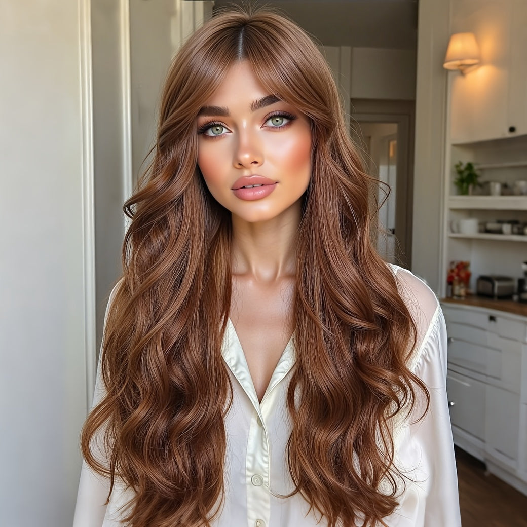 Women'S Brown Eight-Character Bangs Large Wave Curly Wig | Breathable, Adjustable Buckle, Suitable for Daily Wear, Dates, Commuting, Christmas and Holiday Dressing, Made of High Temperature Fiber