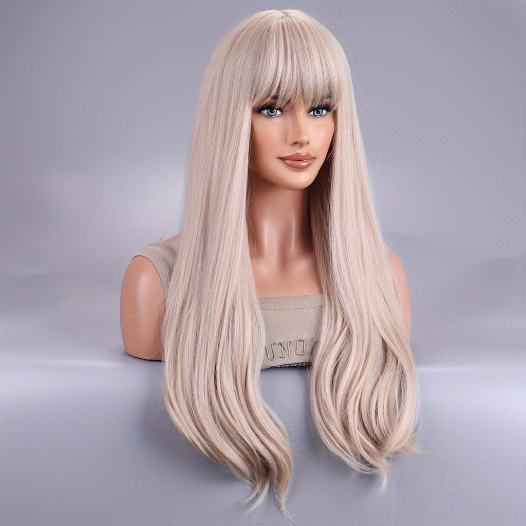 Women's Long Curly Wig with Light Golden Bangs - Fluffy Big Wave Full Head Wig, Suitable for Daily Wear, Parties and Festivals