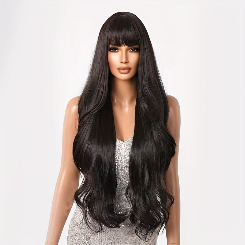 30-Inch Black Large Wavy Wig with Straight Bangs, Long Curls, High Density, Heat-Resistant Fibers, Breathable Rose Net Cap, Adjustable, Luxurious And Elegant, Suitable for Daily Life, Work, Parties, Halloween, Music Festivals, And Carnival Costumes