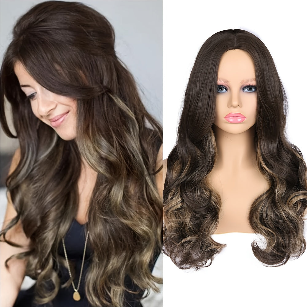 A Long, Wavy Wig with Highlights in Brown, Featuring Fluffy, Large Curls. This Heat-Resistant Synthetic Wig Is Glueless And Comes with Bangs, Perfect for Cosplay Or Everyday Wear