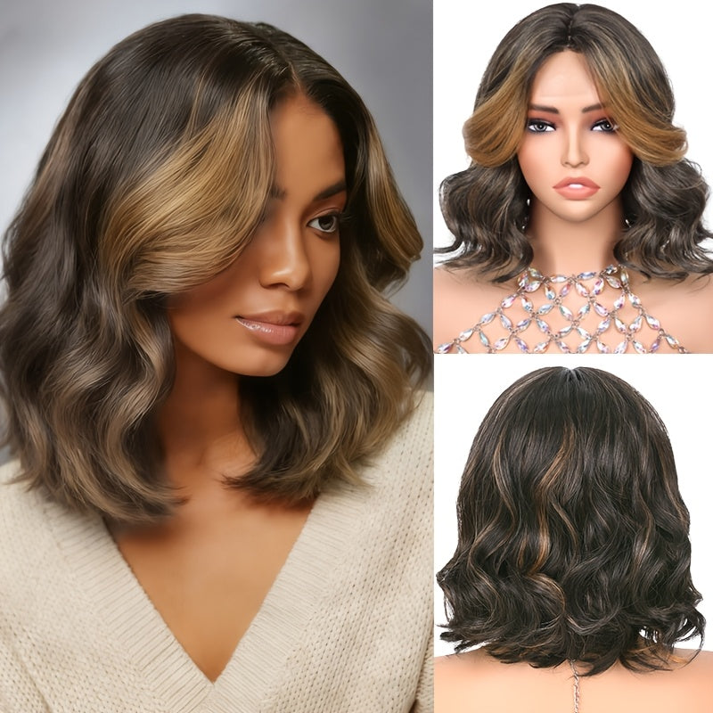 Short Bob Wave Wig | Highlight Brown, Synthetic, 4*1 Small Lace Wig, Middle Part, Daily Party Use, Water Wave Curl, Elastic