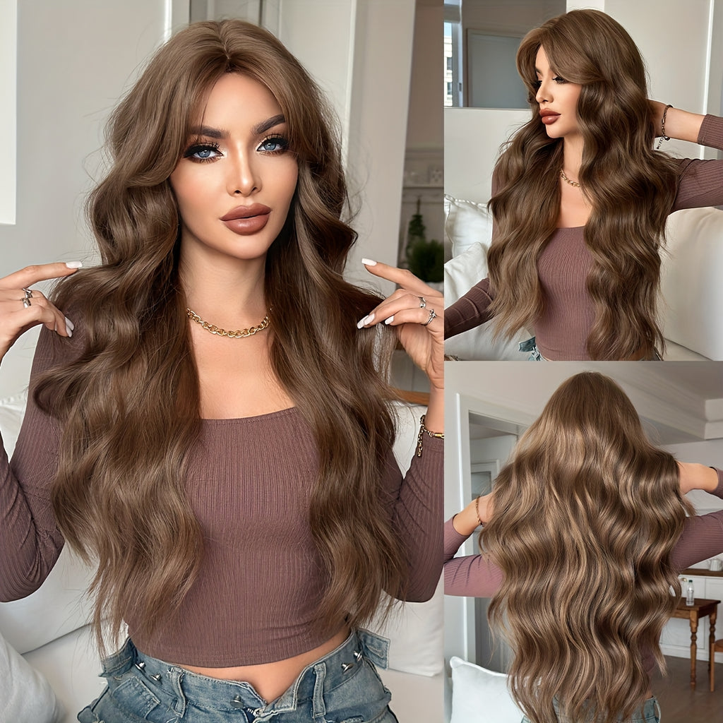 31-Inch Warm Brown Wig for Women with Long Hair, Large Waves, Made of High-Temperature Fiber, Hairline, Rose Net, Suitable for Daily Use and Party Wear