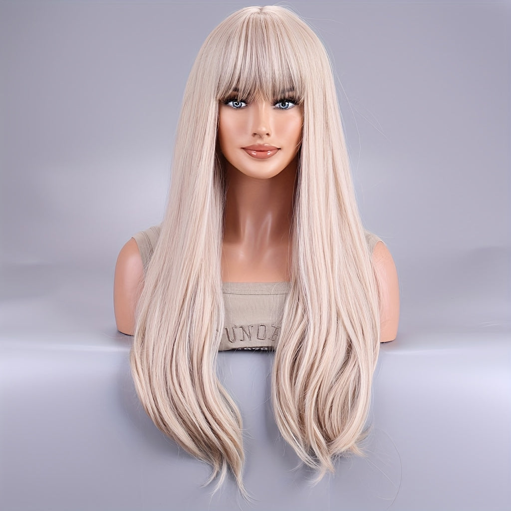 Women's Long Curly Wig with Light Golden Bangs - Fluffy Big Wave Full Head Wig, Suitable for Daily Wear, Parties and Festivals