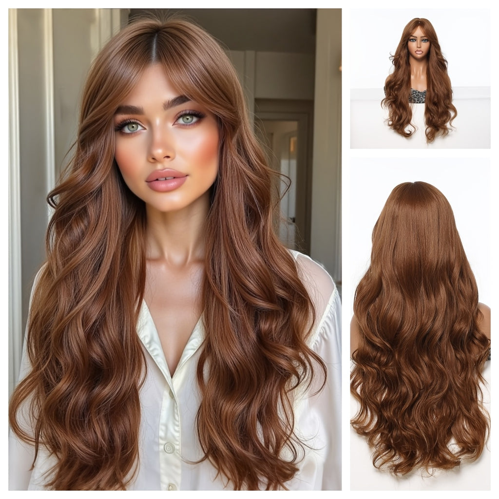 Women'S Brown Eight-Character Bangs Large Wave Curly Wig | Breathable, Adjustable Buckle, Suitable for Daily Wear, Dates, Commuting, Christmas and Holiday Dressing, Made of High Temperature Fiber