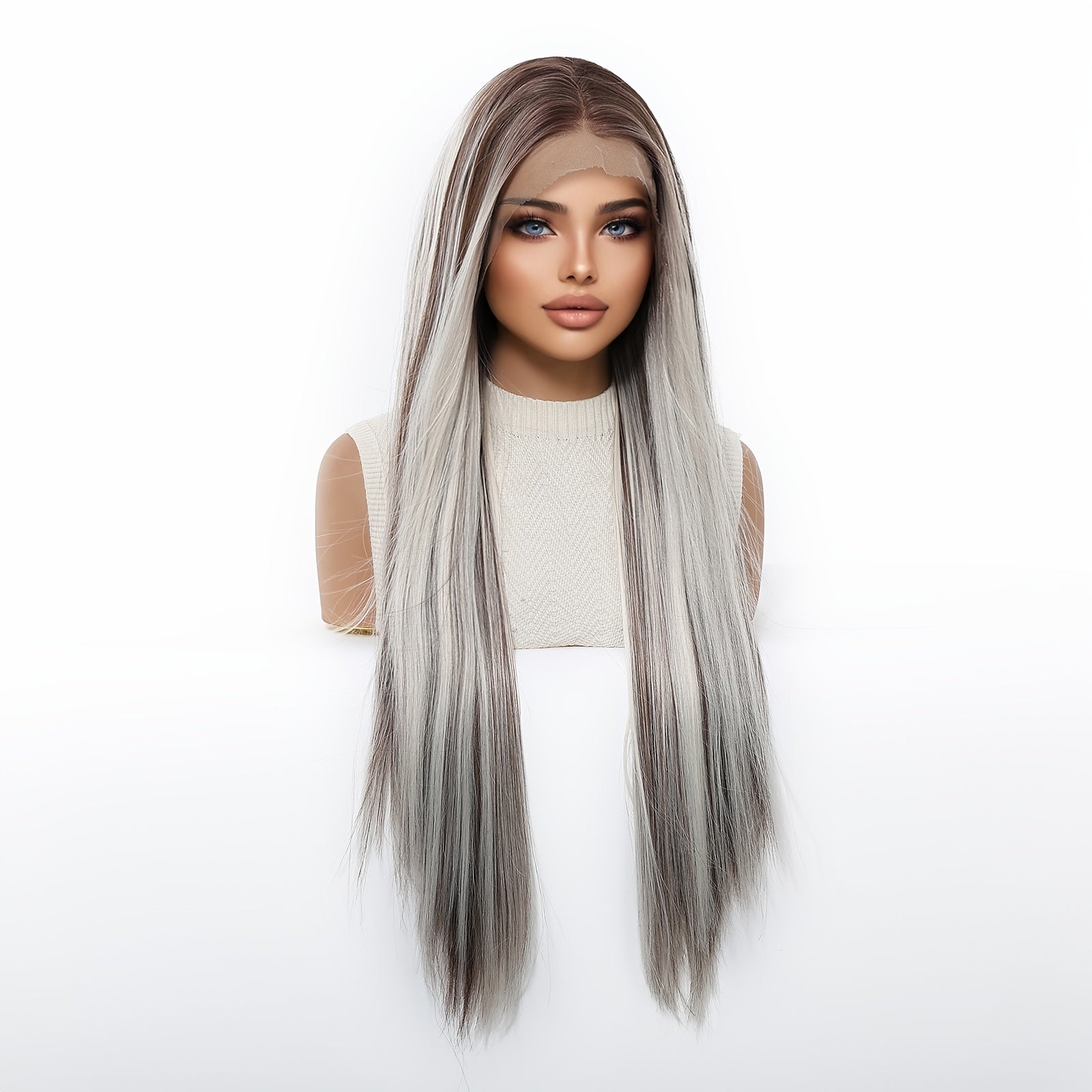 13x4 HD Lace Front Wig 30-Inch Y Silvery-Gray Highlighted Super Long Straight Hair Wig Density Heat-Resistant Comfortable & Versatile Daily Commute\u002F Fashion Events\u002F Cosplay Style