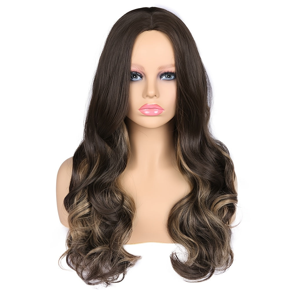 A Long, Wavy Wig with Highlights in Brown, Featuring Fluffy, Large Curls. This Heat-Resistant Synthetic Wig Is Glueless And Comes with Bangs, Perfect for Cosplay Or Everyday Wear
