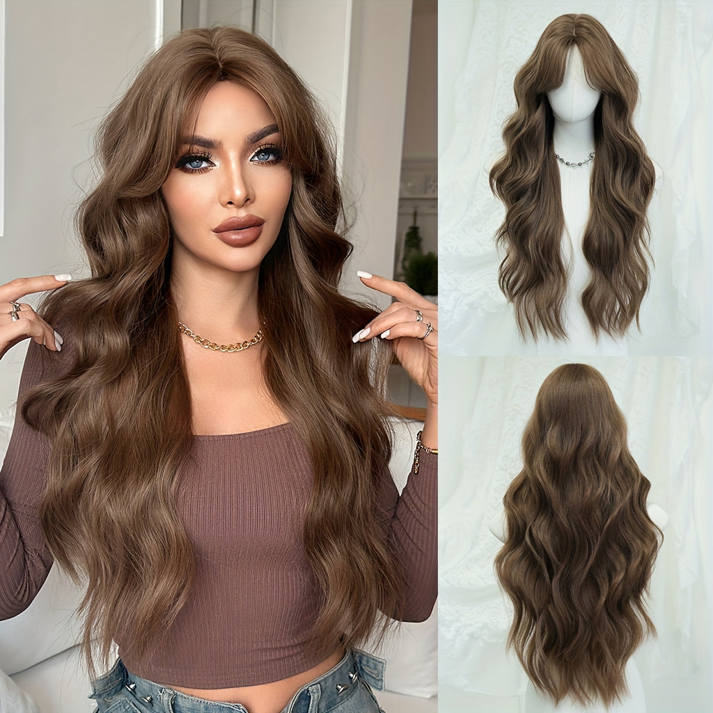 31-Inch Warm Brown Wig for Women with Long Hair, Large Waves, Made of High-Temperature Fiber, Hairline, Rose Net, Suitable for Daily Use and Party Wear