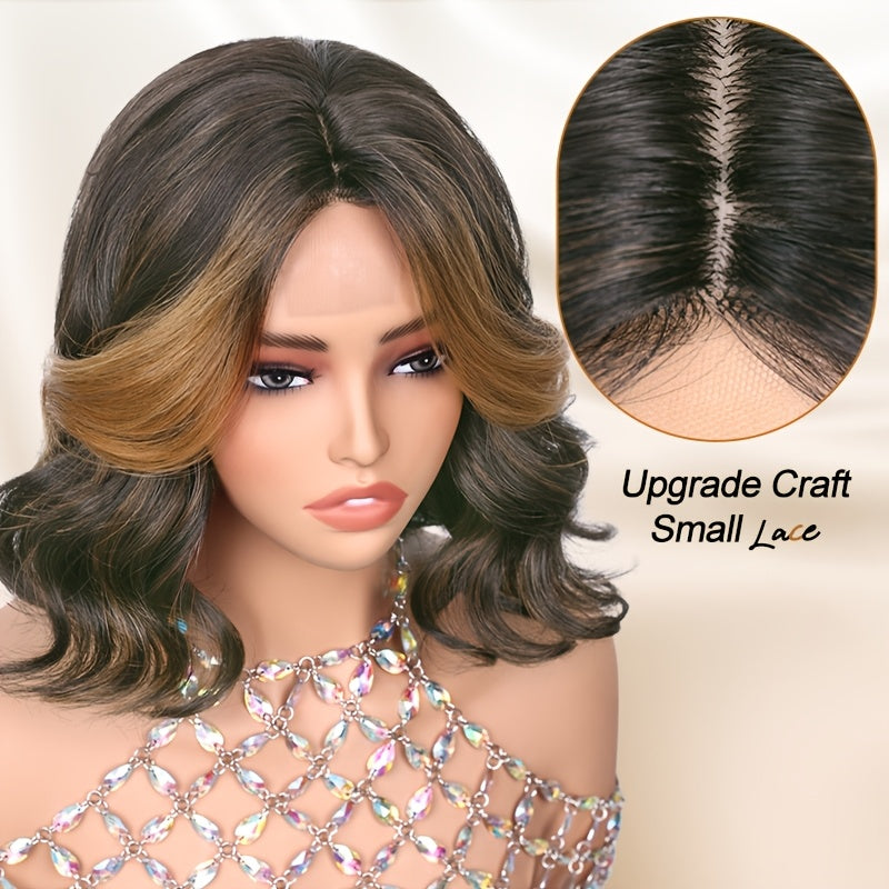 Short Bob Wave Wig | Highlight Brown, Synthetic, 4*1 Small Lace Wig, Middle Part, Daily Party Use, Water Wave Curl, Elastic