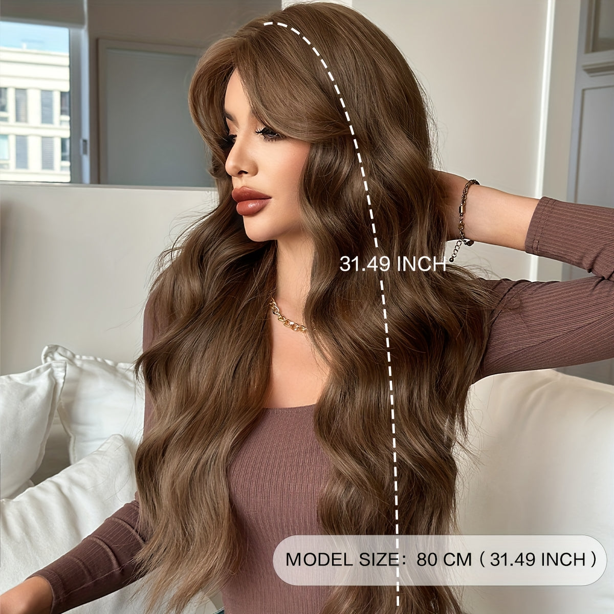 31-Inch Warm Brown Wig for Women with Long Hair, Large Waves, Made of High-Temperature Fiber, Hairline, Rose Net, Suitable for Daily Use and Party Wear