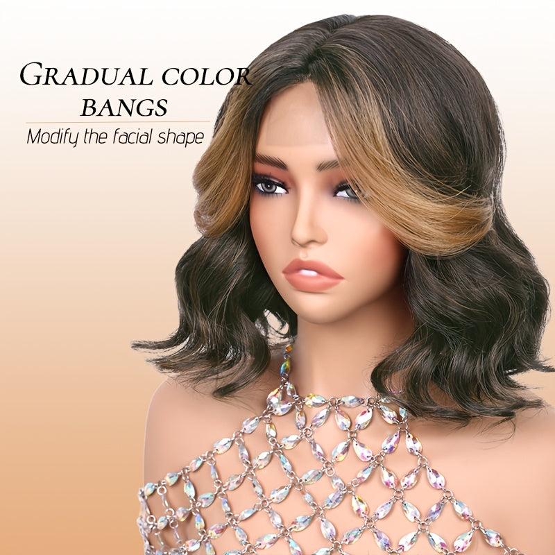 Short Bob Wave Wig | Highlight Brown, Synthetic, 4*1 Small Lace Wig, Middle Part, Daily Party Use, Water Wave Curl, Elastic
