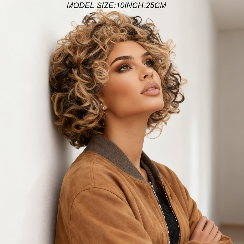 10-Inch Brown And Black Highlighted Small Curly Wig for Women, Made of High-Temperature Synthetic Fiber with a Rose Net, Glue-Free And Breathable. This Two-Tone Highlighted Curly Hairstyle Is Perfect for Daily Outings, Unique Small Curls