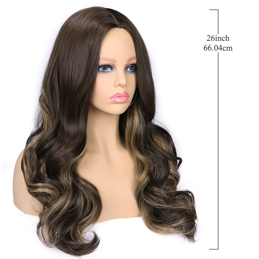 A Long, Wavy Wig with Highlights in Brown, Featuring Fluffy, Large Curls. This Heat-Resistant Synthetic Wig Is Glueless And Comes with Bangs, Perfect for Cosplay Or Everyday Wear