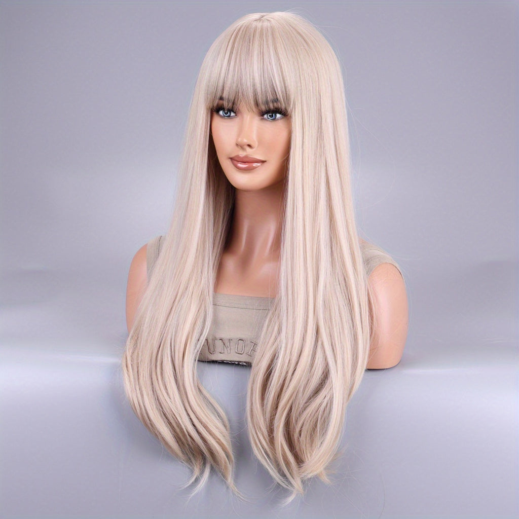Women's Long Curly Wig with Light Golden Bangs - Fluffy Big Wave Full Head Wig, Suitable for Daily Wear, Parties and Festivals