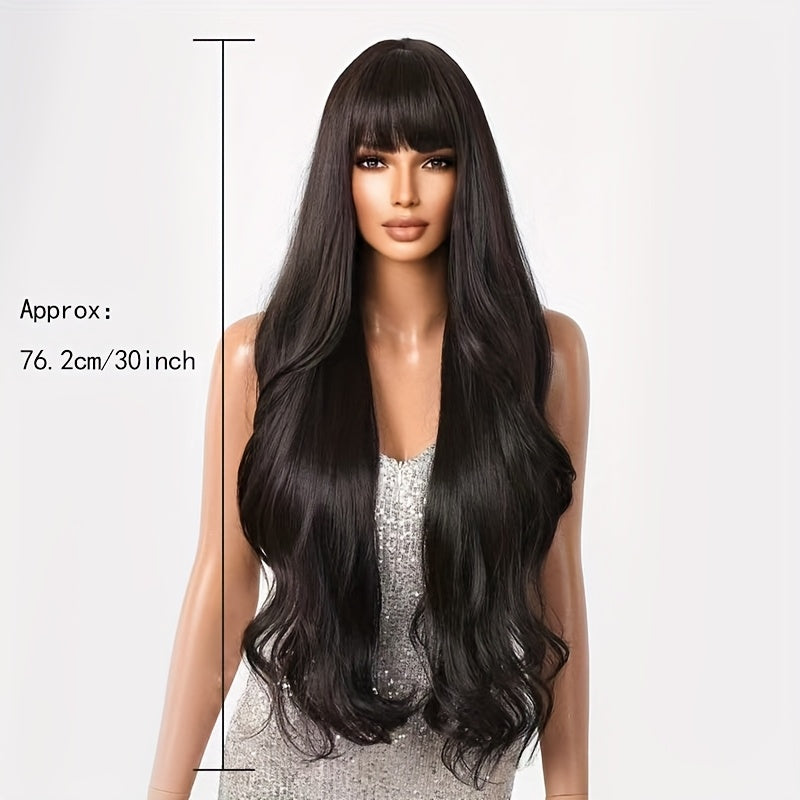 30-Inch Black Large Wavy Wig with Straight Bangs, Long Curls, High Density, Heat-Resistant Fibers, Breathable Rose Net Cap, Adjustable, Luxurious And Elegant, Suitable for Daily Life, Work, Parties, Halloween, Music Festivals, And Carnival Costumes