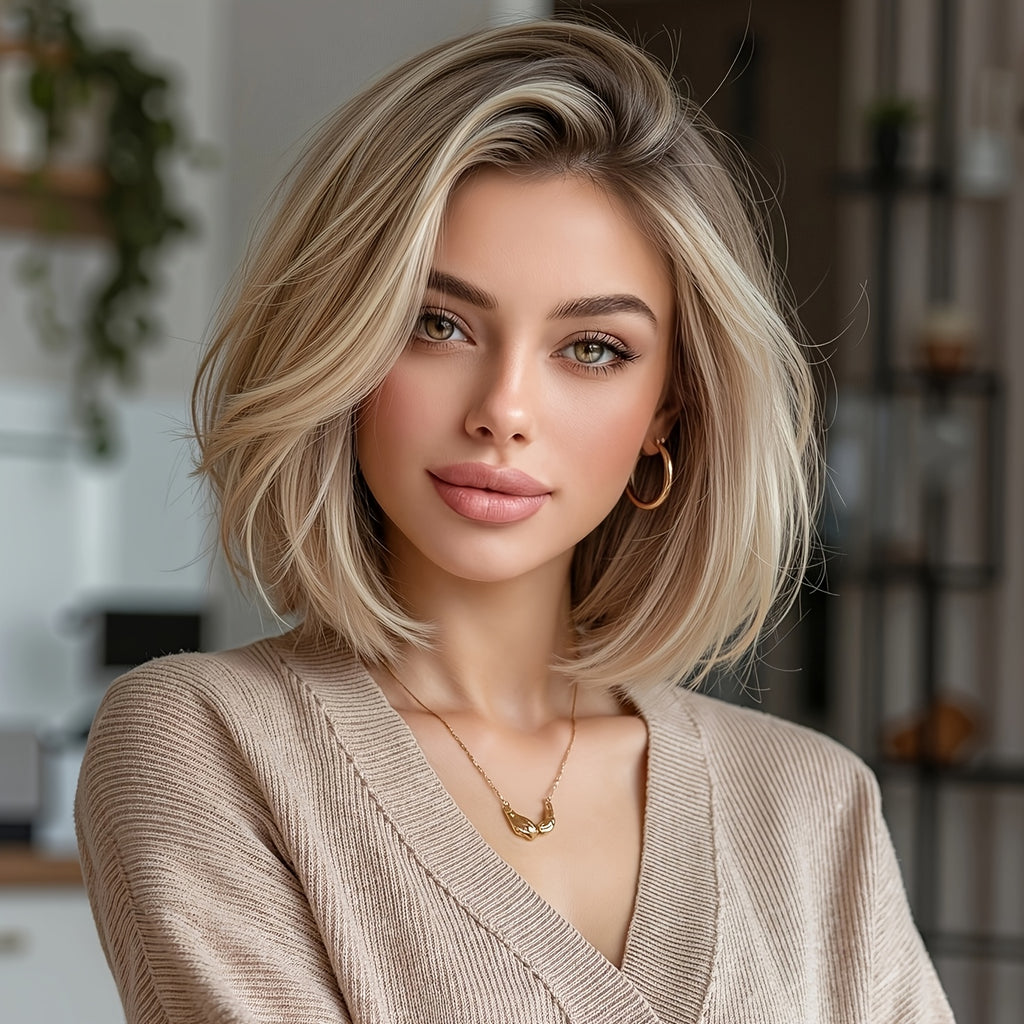 13X4 HD Lace Front Wig, 10-Inch Smooth Ash Blonde Gradient Straight Bob Wig, Density, Comfortable And -Resistant, Breathable, Suitable for Daily Commuting, Office Work, And Casual Outings