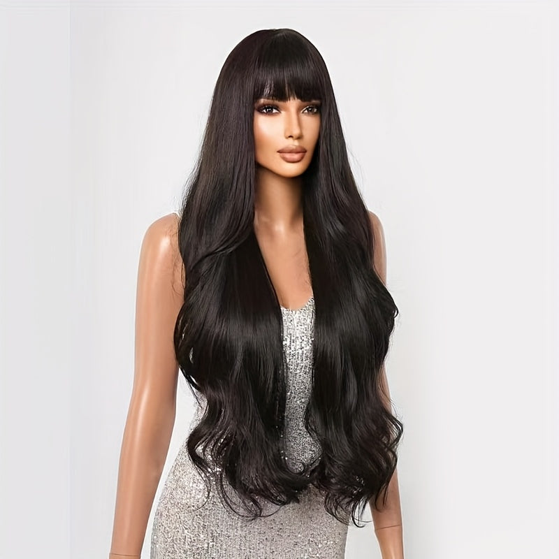 30-Inch Black Large Wavy Wig with Straight Bangs, Long Curls, High Density, Heat-Resistant Fibers, Breathable Rose Net Cap, Adjustable, Luxurious And Elegant, Suitable for Daily Life, Work, Parties, Halloween, Music Festivals, And Carnival Costumes