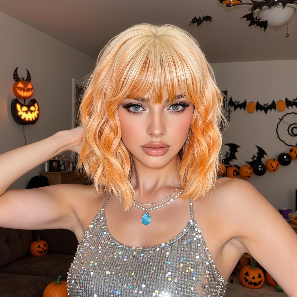 Women's White Golden & Orange Short Curly Synthetic Wig with Bangs - Temporary Hair for Cosplay, Party, Music Festival - Volume & Festival-Ready Hairstyle (Costume Wig)