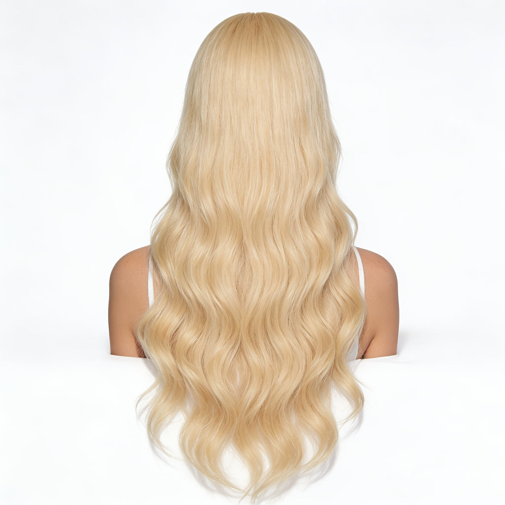 22-inch European and American Fashion Center-parted Large Wave Light Blonde Full Head Wig with Natural Luster and Smooth Texture, Perfect Accessory for Daily Wear, Parties, Festivals, and Vacation Styling