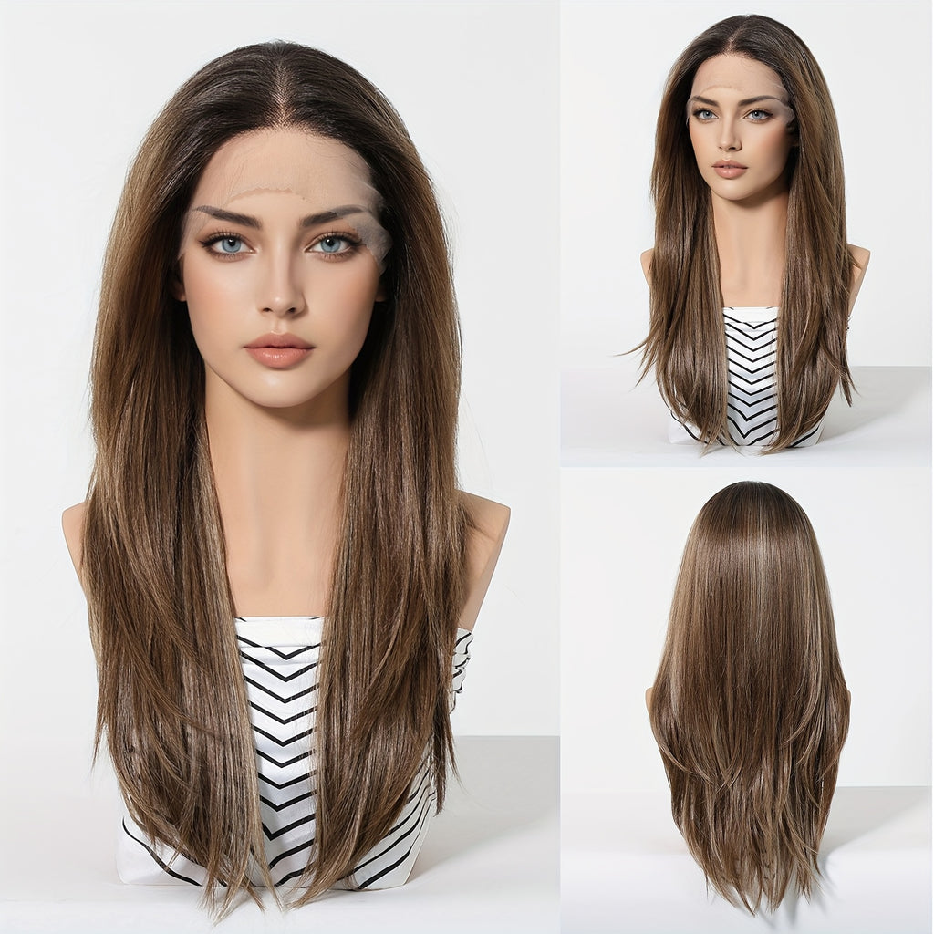 22-Inch Brown Straight Synthetic Lace Front Wig with 13X6 HD Transparent Lace, Designed for Daily Use, Christmas, Music Festivals, And Parties, Offering a Appearance And Comfortable Fit