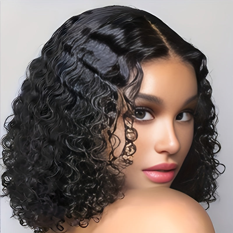Elegant Women'S Short Wavy Wig with a Middle Part, 14-Inch Deep Black Wave Wig, African Small Curls, Stylish Headpiece, Fluffy Appearance, Heat-Resistant Synthetic Hair, Suitable for All Ethnicities, Perfect for Everyday And Festive Parties
