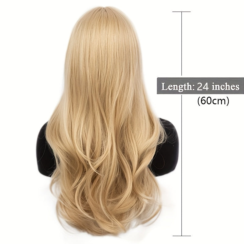 Stylish And Elegant Long Wavy Curly Golden Wig with Bangs for Women, Big Wave Styling High Temperature Synthetic Fiber, Rose Net Cap Suitable for Daily Work, Parties, Or Cosplay Photography