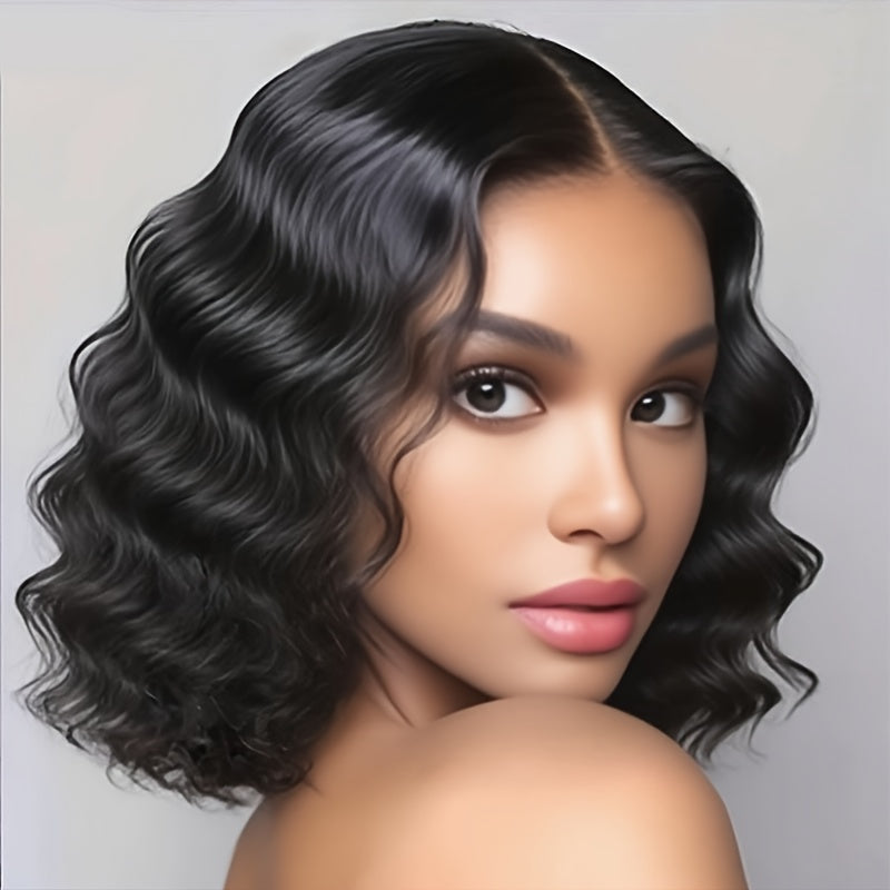 Elegant Women'S Short Wavy Wig with a Middle Part, 14-Inch Deep Black Wave Wig, African Small Curls, Stylish Headpiece, Fluffy Appearance, Heat-Resistant Synthetic Hair, Suitable for All Ethnicities, Perfect for Everyday And Festive Parties