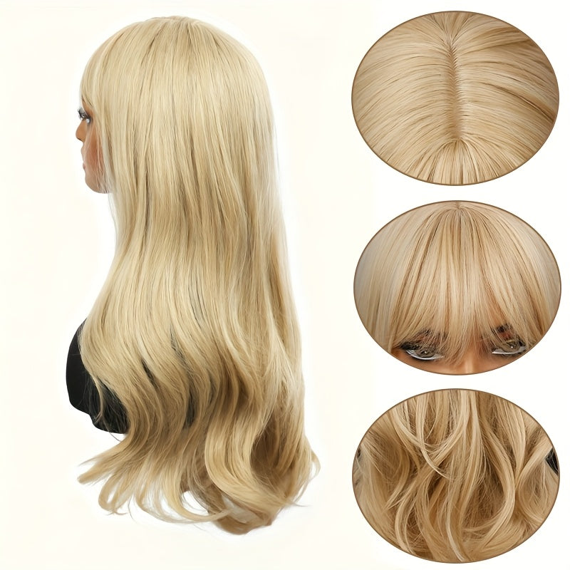 Stylish And Elegant Long Wavy Curly Golden Wig with Bangs for Women, Big Wave Styling High Temperature Synthetic Fiber, Rose Net Cap Suitable for Daily Work, Parties, Or Cosplay Photography