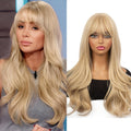 Stylish And Elegant Long Wavy Curly Golden Wig with Bangs for Women, Big Wave Styling High Temperature Synthetic Fiber, Rose Net Cap Suitable for Daily Work, Parties, Or Cosplay Photography