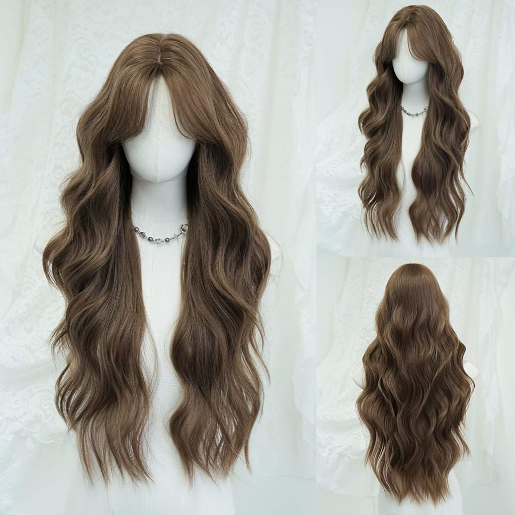 31-Inch Warm Brown Wig for Women with Long Hair, Large Waves, Made of High-Temperature Fiber, Hairline, Rose Net, Suitable for Daily Use and Party Wear