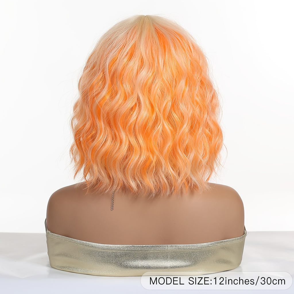 Women's White Golden & Orange Short Curly Synthetic Wig with Bangs - Temporary Hair for Cosplay, Party, Music Festival - Volume & Festival-Ready Hairstyle (Costume Wig)