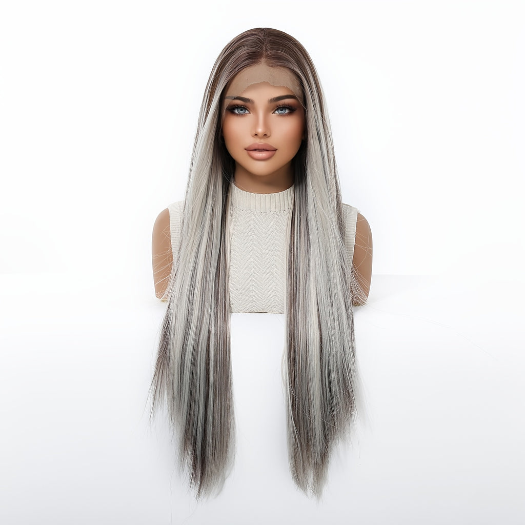 13x4 HD Lace Front Wig 30-Inch Y Silvery-Gray Highlighted Super Long Straight Hair Wig Density Heat-Resistant Comfortable & Versatile Daily Commute\u002F Fashion Events\u002F Cosplay Style