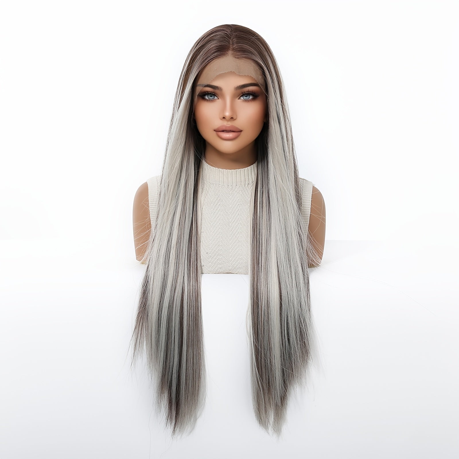 13x4 HD Lace Front Wig 30-Inch Y Silvery-Gray Highlighted Super Long Straight Hair Wig Density Heat-Resistant Comfortable & Versatile Daily Commute\u002F Fashion Events\u002F Cosplay Style