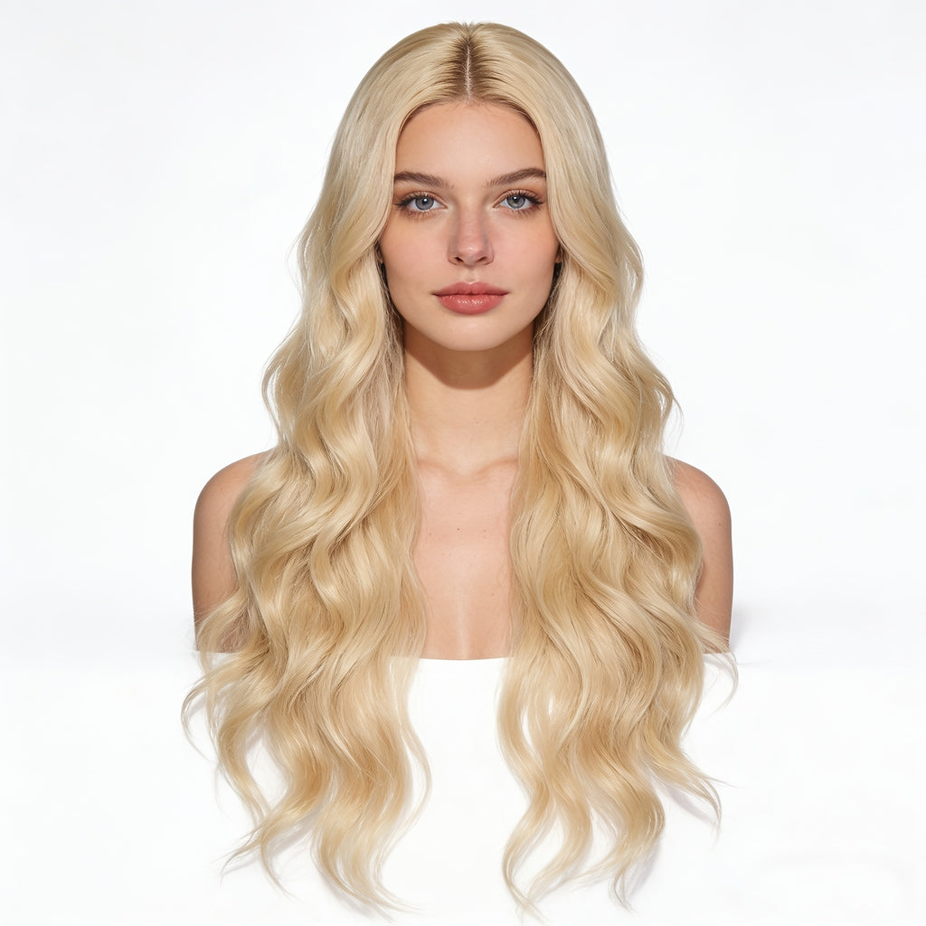 22-inch European and American Fashion Center-parted Large Wave Light Blonde Full Head Wig with Natural Luster and Smooth Texture, Perfect Accessory for Daily Wear, Parties, Festivals, and Vacation Styling
