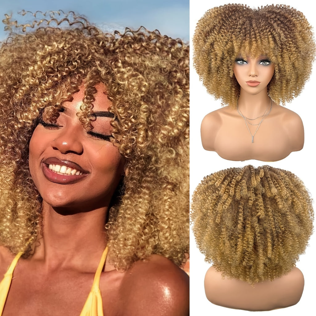 13.78inch Ombre Golden Curly Glueless Wig for Women Suitable for Women - Heat-Resistant Synthetic Hair, No Needed, Easy Wear & Go for Daily Use, Cosplay, Weddings, Music Festivals, Lightweight Volume & Look