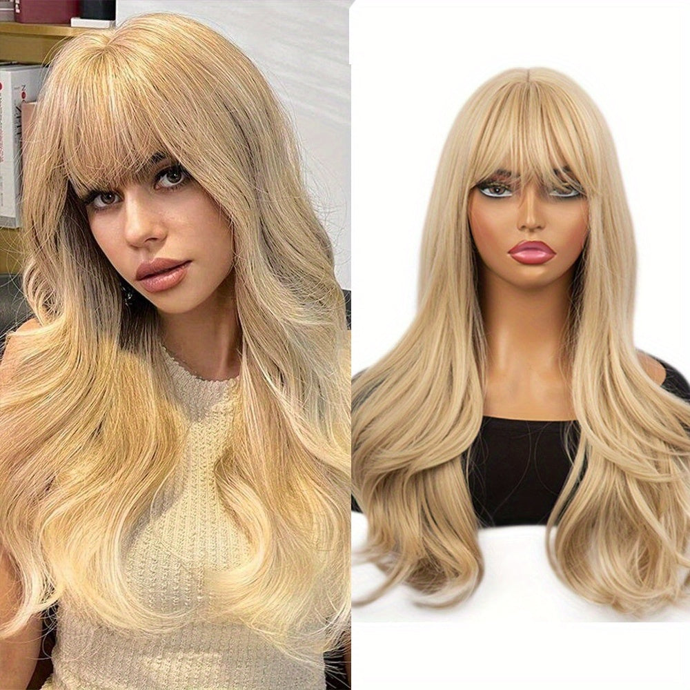 Stylish And Elegant Long Wavy Curly Golden Wig with Bangs for Women, Big Wave Styling High Temperature Synthetic Fiber, Rose Net Cap Suitable for Daily Work, Parties, Or Cosplay Photography