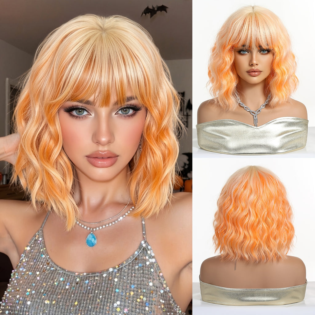 Women's White Golden & Orange Short Curly Synthetic Wig with Bangs - Temporary Hair for Cosplay, Party, Music Festival - Volume & Festival-Ready Hairstyle (Costume Wig)