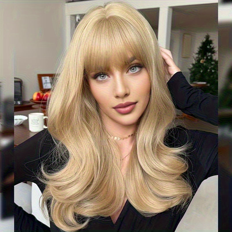 Stylish And Elegant Long Wavy Curly Golden Wig with Bangs for Women, Big Wave Styling High Temperature Synthetic Fiber, Rose Net Cap Suitable for Daily Work, Parties, Or Cosplay Photography