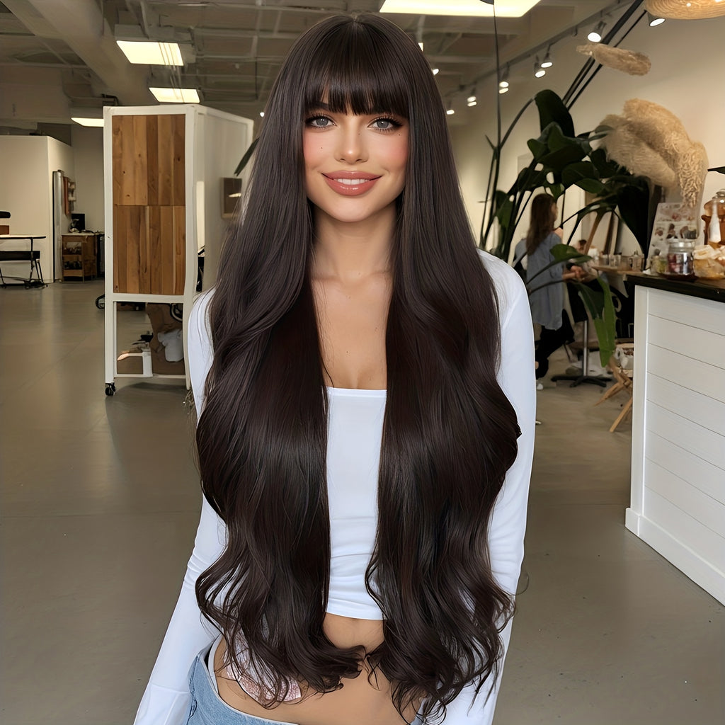 30-Inch Black Large Wavy Wig with Straight Bangs, Long Curls, High Density, Heat-Resistant Fibers, Breathable Rose Net Cap, Adjustable, Luxurious And Elegant, Suitable for Daily Life, Work, Parties, Halloween, Music Festivals, And Carnival Costumes