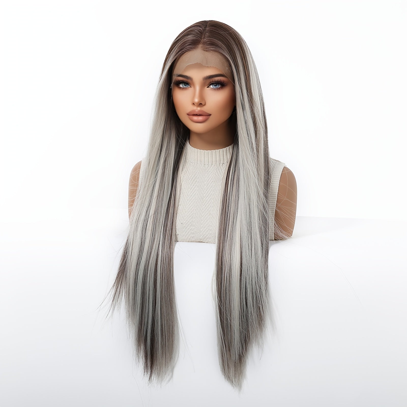 13x4 HD Lace Front Wig 30-Inch Y Silvery-Gray Highlighted Super Long Straight Hair Wig Density Heat-Resistant Comfortable & Versatile Daily Commute\u002F Fashion Events\u002F Cosplay Style