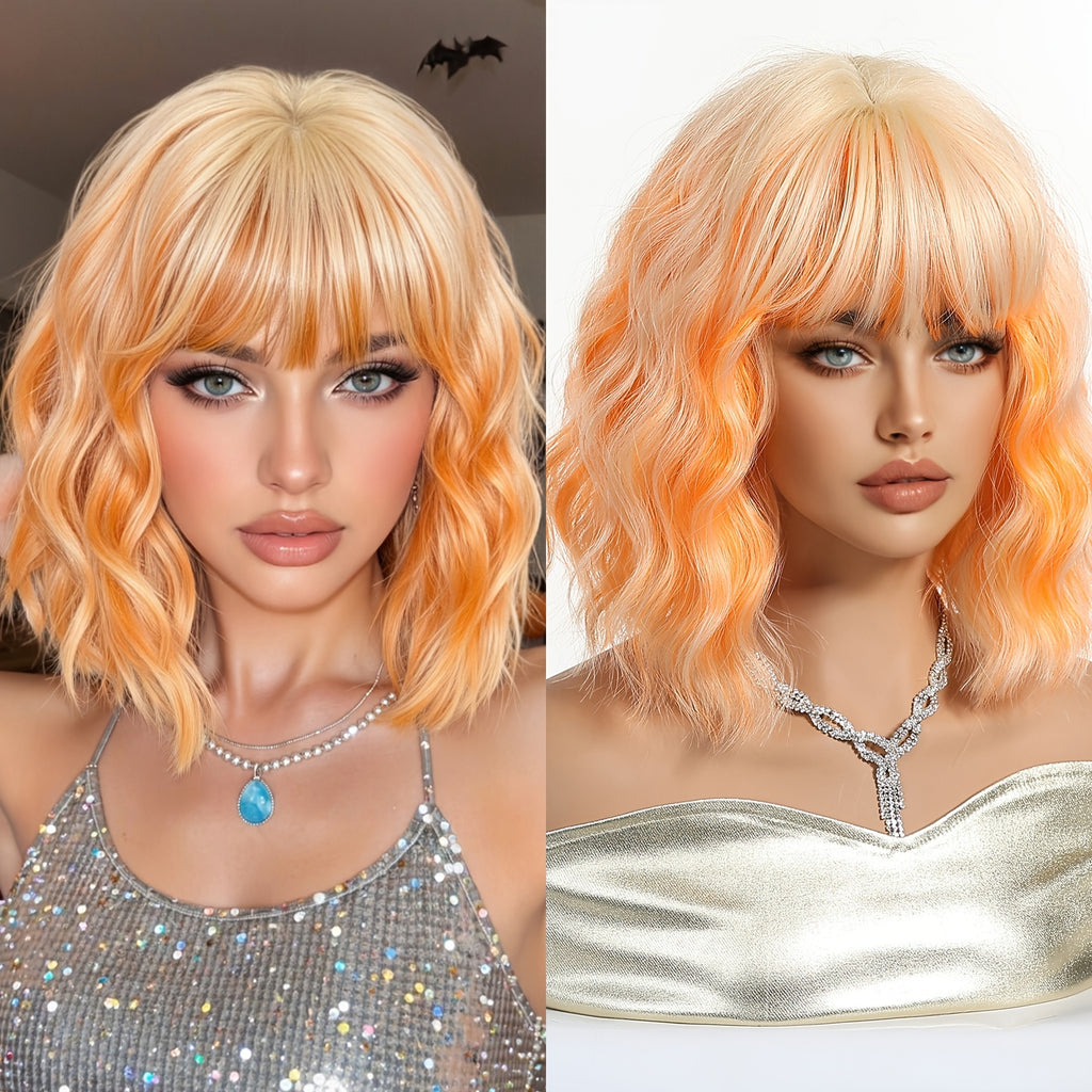 Women's White Golden & Orange Short Curly Synthetic Wig with Bangs - Temporary Hair for Cosplay, Party, Music Festival - Volume & Festival-Ready Hairstyle (Costume Wig)