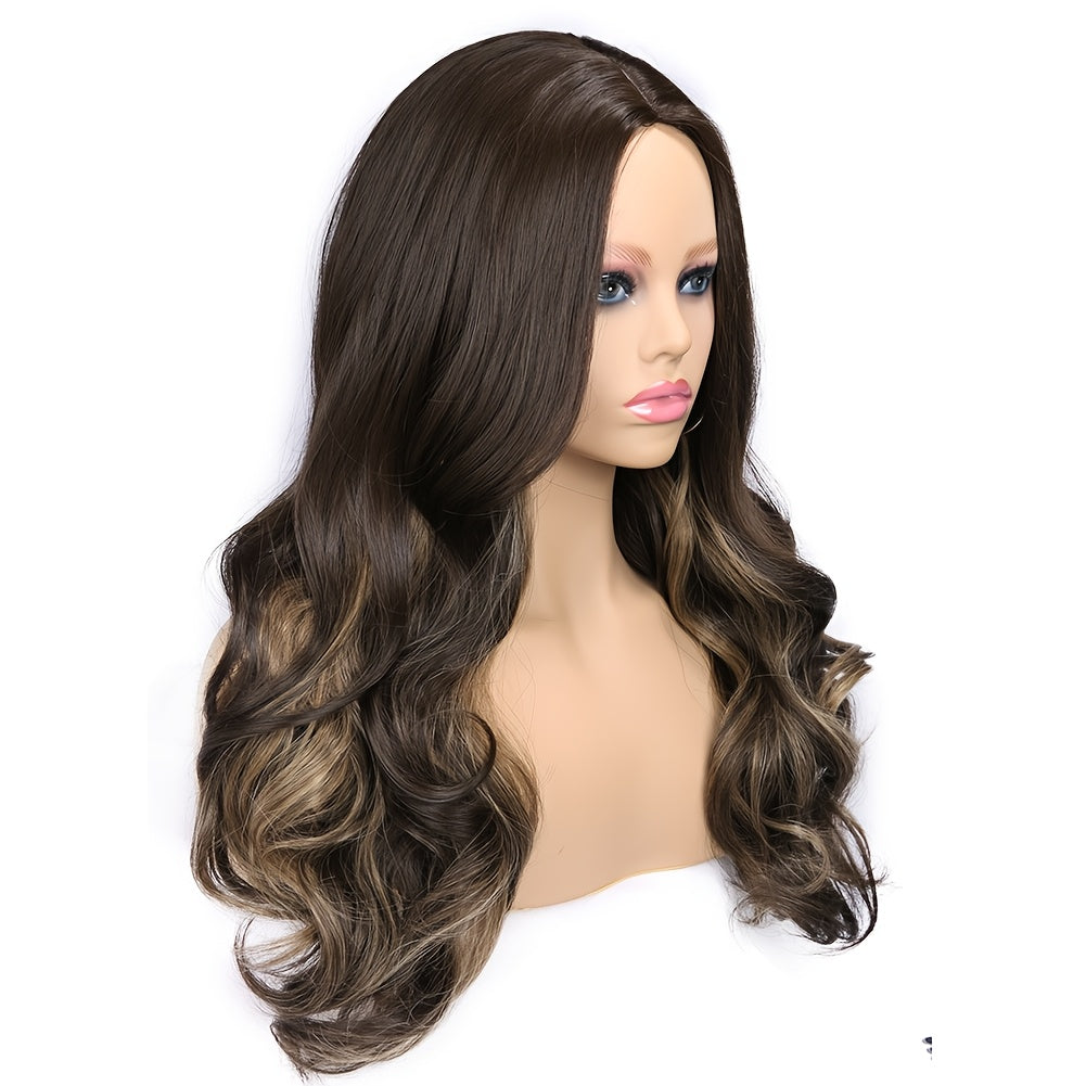 A Long, Wavy Wig with Highlights in Brown, Featuring Fluffy, Large Curls. This Heat-Resistant Synthetic Wig Is Glueless And Comes with Bangs, Perfect for Cosplay Or Everyday Wear