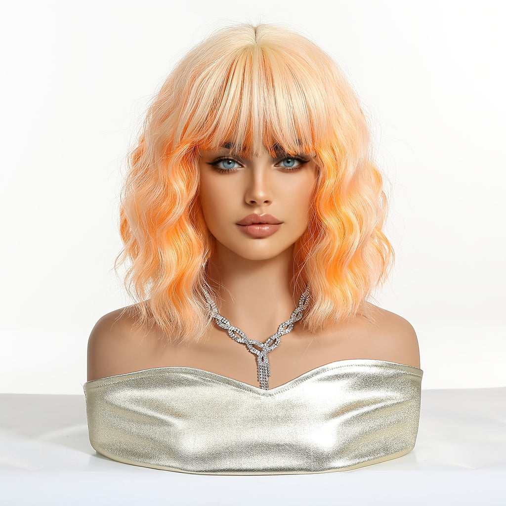 Women's White Golden & Orange Short Curly Synthetic Wig with Bangs - Temporary Hair for Cosplay, Party, Music Festival - Volume & Festival-Ready Hairstyle (Costume Wig)