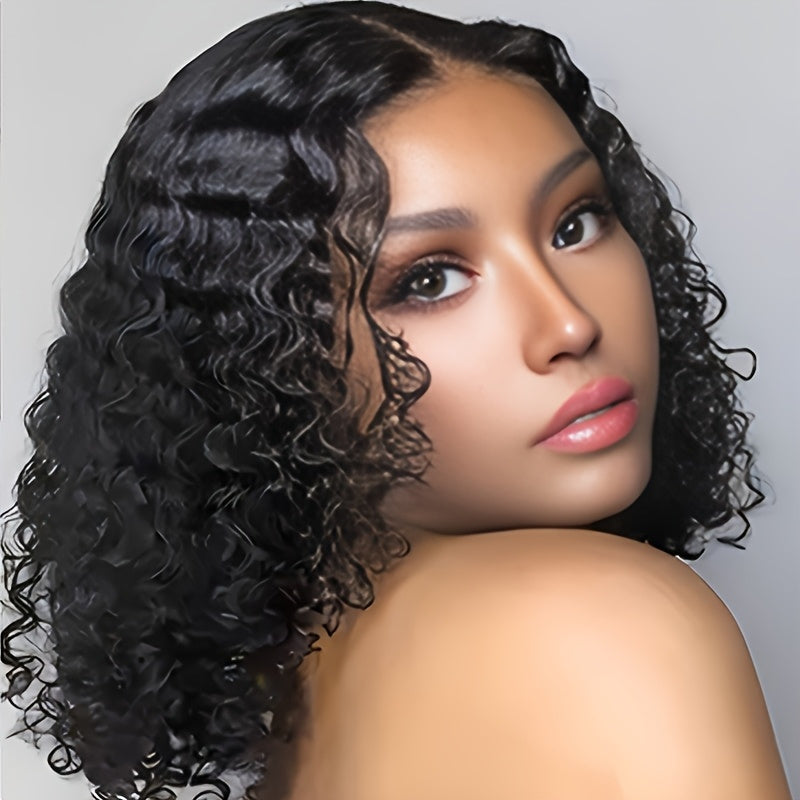 Elegant Women'S Short Wavy Wig with a Middle Part, 14-Inch Deep Black Wave Wig, African Small Curls, Stylish Headpiece, Fluffy Appearance, Heat-Resistant Synthetic Hair, Suitable for All Ethnicities, Perfect for Everyday And Festive Parties