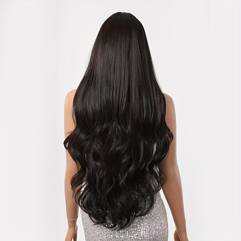 30-Inch Black Large Wavy Wig with Straight Bangs, Long Curls, High Density, Heat-Resistant Fibers, Breathable Rose Net Cap, Adjustable, Luxurious And Elegant, Suitable for Daily Life, Work, Parties, Halloween, Music Festivals, And Carnival Costumes