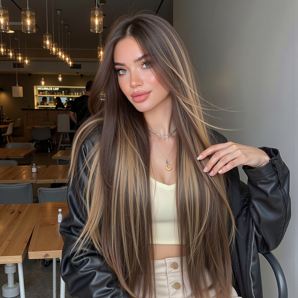 13x4 HD Lace Front Wig 30-inch Y Chestnut Brown Highlights Straight Hair Wig Density Heat Resistant Comfortable & Breathable Versatile Style for Daily Commutes\u002F Casual Outings\u002F Fashion Events