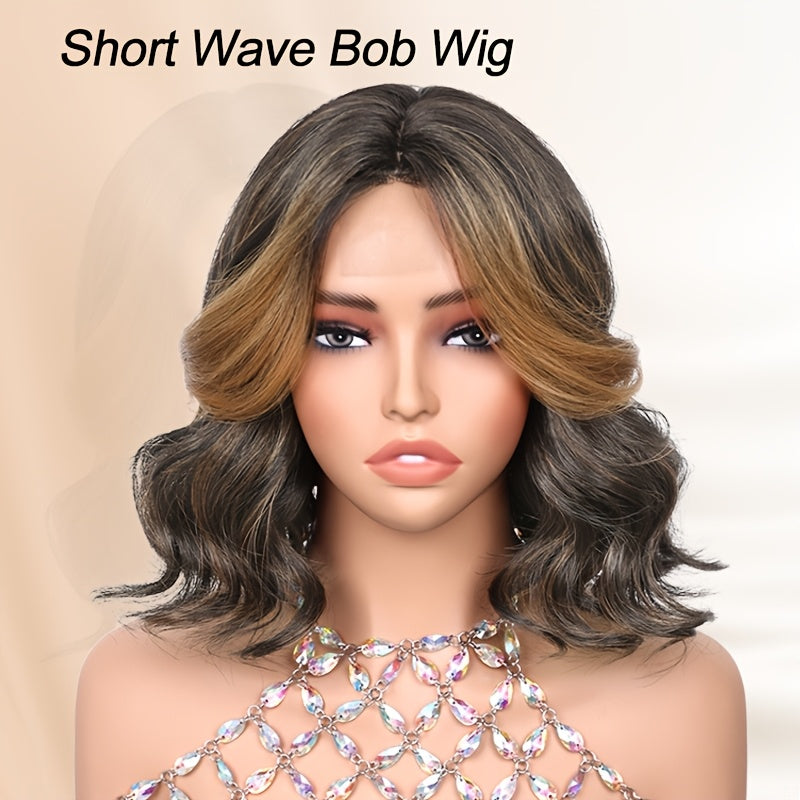 Short Bob Wave Wig | Highlight Brown, Synthetic, 4*1 Small Lace Wig, Middle Part, Daily Party Use, Water Wave Curl, Elastic
