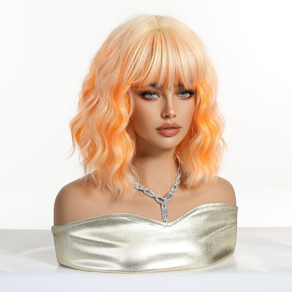 Women's White Golden & Orange Short Curly Synthetic Wig with Bangs - Temporary Hair for Cosplay, Party, Music Festival - Volume & Festival-Ready Hairstyle (Costume Wig)