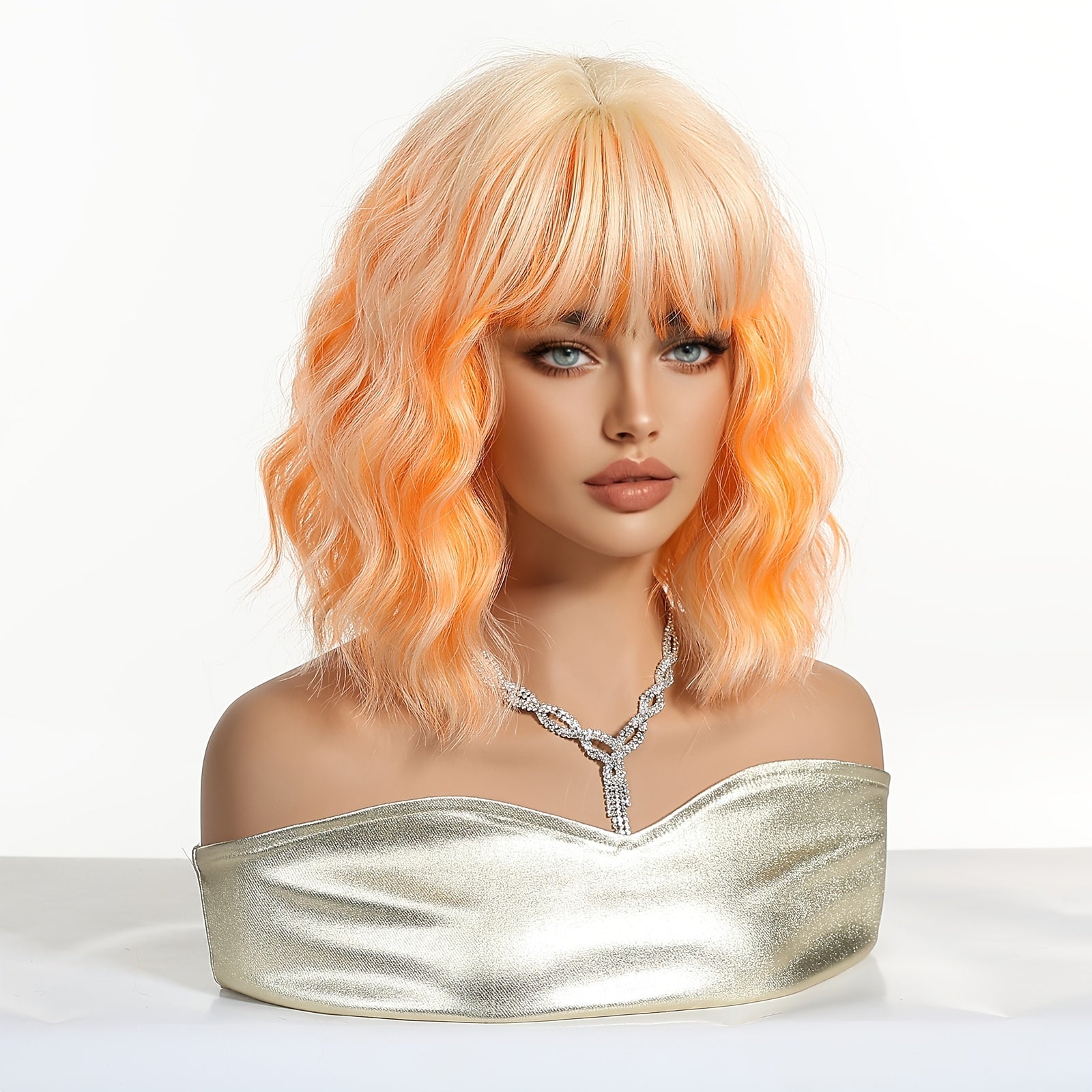 Women's White Golden & Orange Short Curly Synthetic Wig with Bangs - Temporary Hair for Cosplay, Party, Music Festival - Volume & Festival-Ready Hairstyle (Costume Wig)
